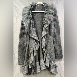 Forla Paris Gray Chic Ruffle Cable Knit Mohair Wool Blend Cardigan Size L